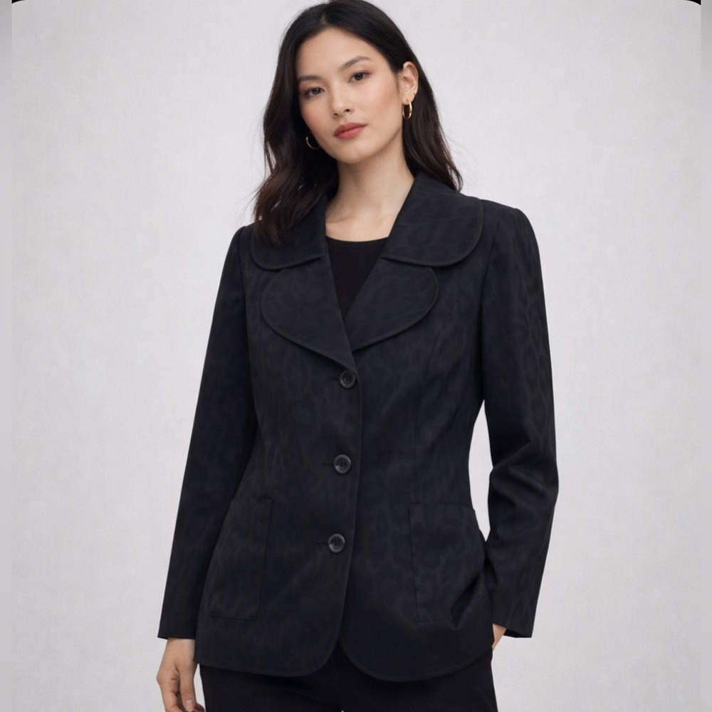 TRIBAL Women’s Leopard Print Sheen Jacket Blazer Career Casual Black Size Small